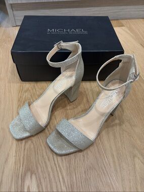 MICHAEL by Michael Shannon Gold Ankle-Strap Block Heels